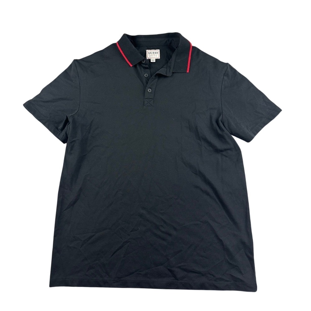 Guess Polo Shirt Men M Black Red Logo Spell Out Sleeve Short Sleeve Button Front